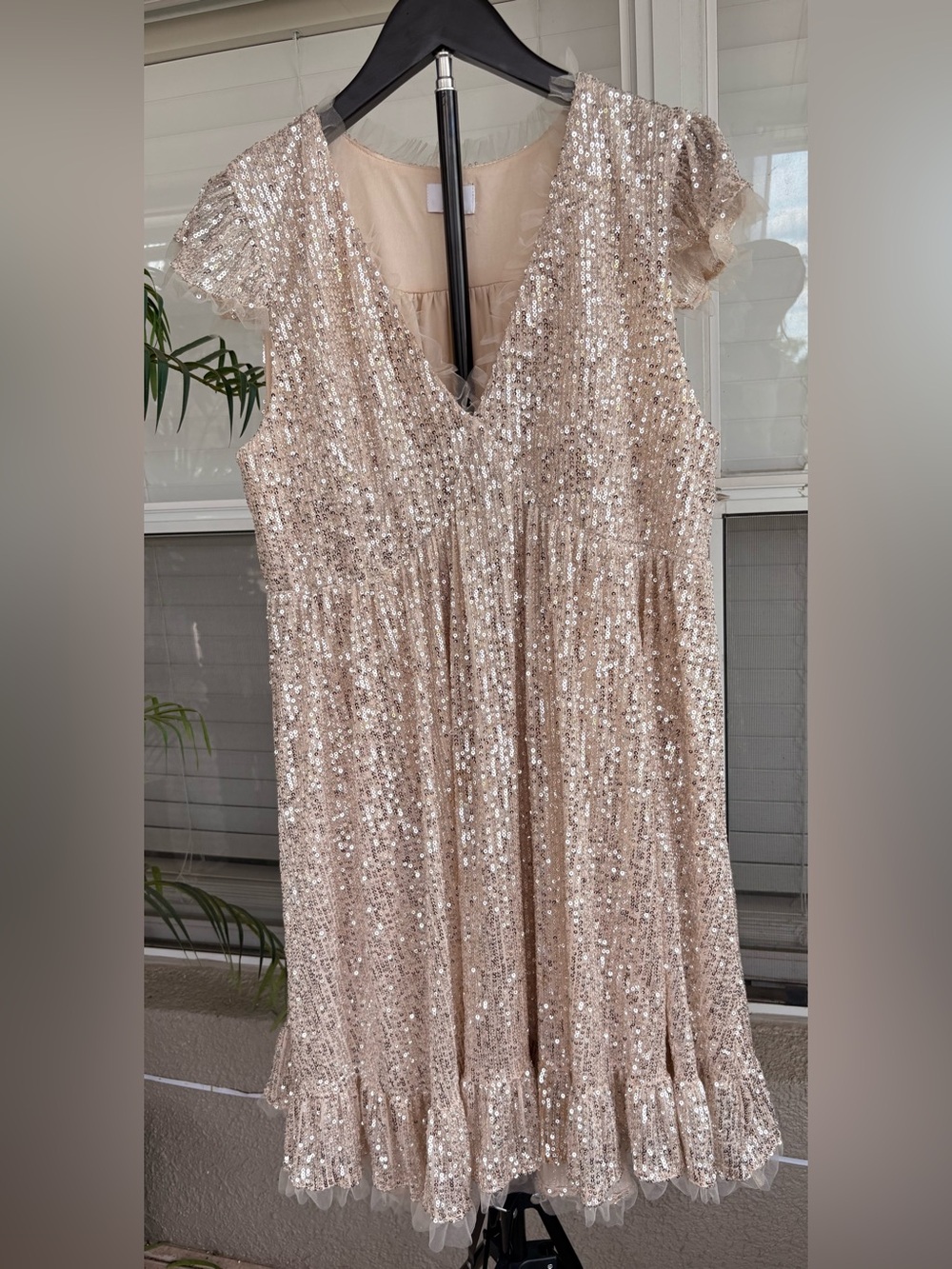 Sequined V-Neck Mini Dress in Champagne